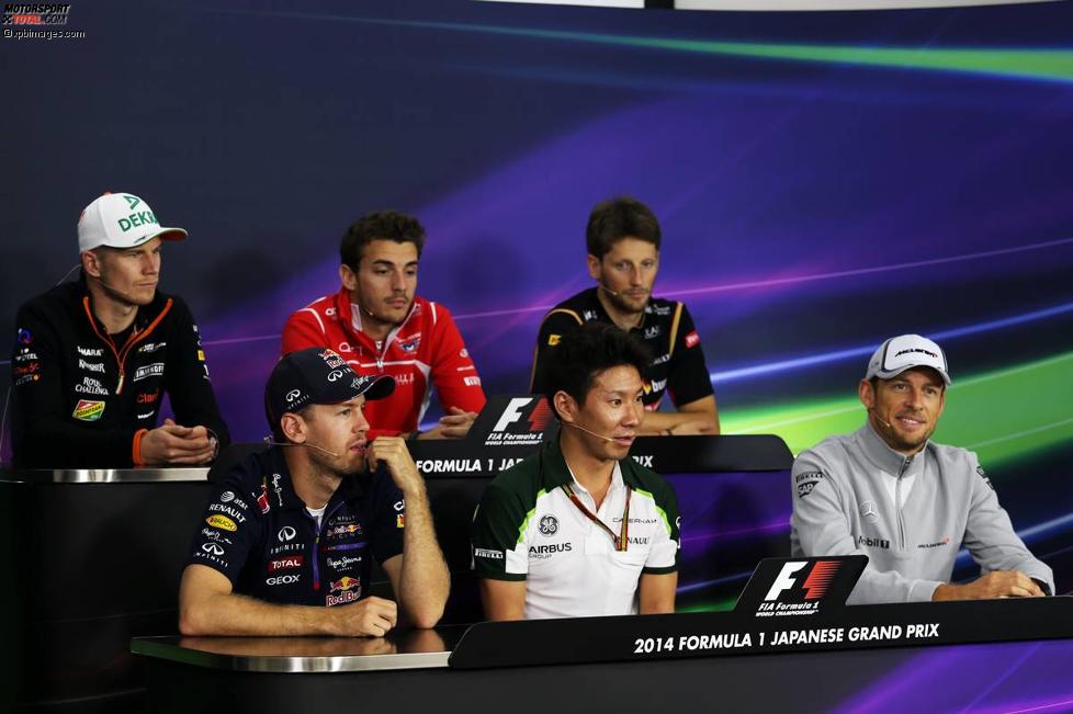 Nico Hülkenberg (Force India), Jules Bianchi (Marussia), Romain Grosjean (Lotus), Sebastian Vettel (Red Bull), Kamui Kobayashi (Caterham) und Jenson Button (McLaren) 