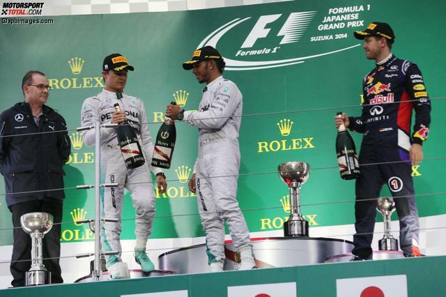 Verhaltene Freude auf dem Podium: Sieger Hamilton und der Zweitplatzierte Rosberg