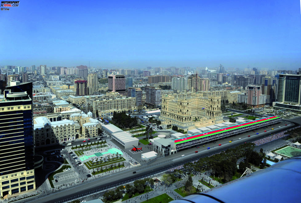 Luftaufnahme der Start- und Zielgerade in Baku (Aserbaidschan)