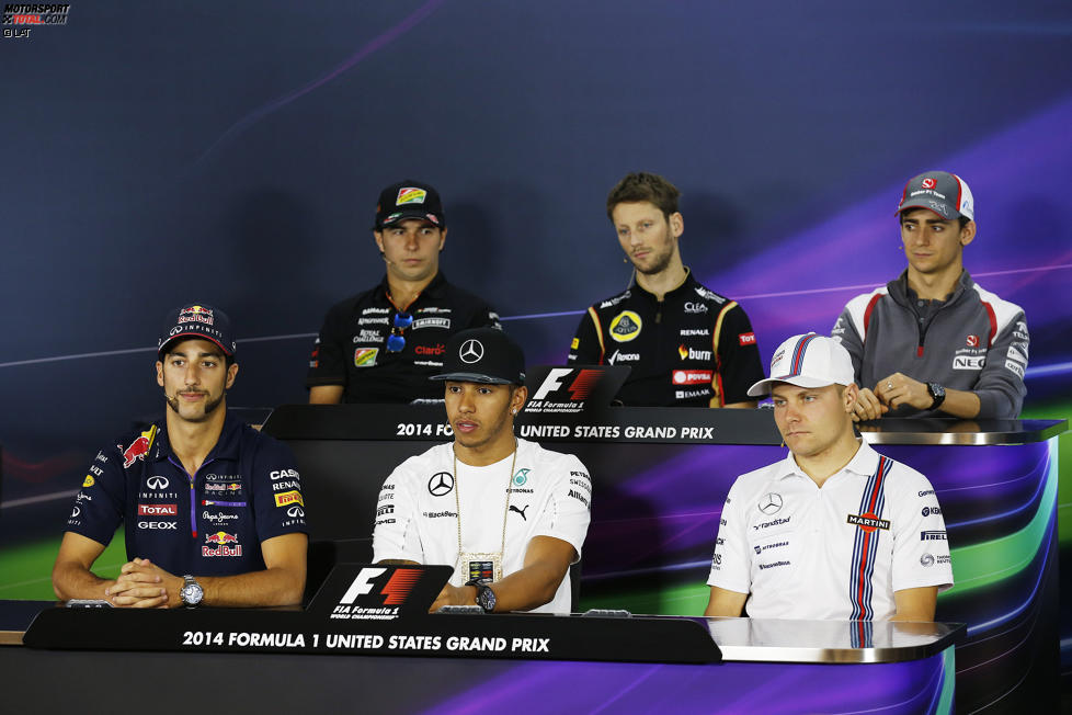Sergio Perez (Force India), Romain Grosjean (Lotus), Esteban Gutierrez (Sauber), Valtteri Bottas (Williams), Lewis Hamilton (Mercedes) und Daniel Ricciardo (Red Bull) 
