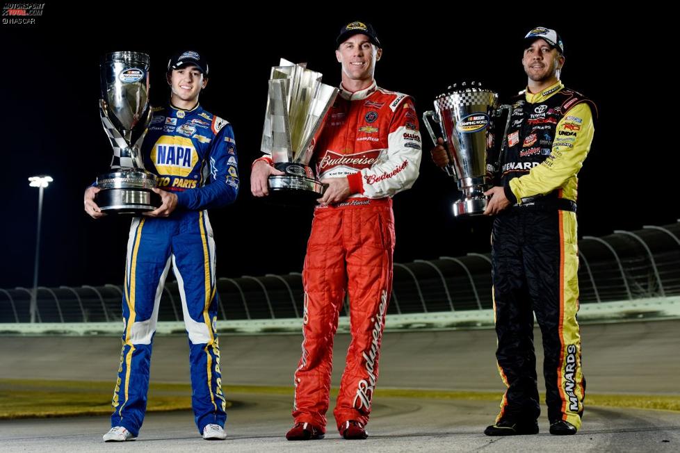 Die NASCAR-Champions 2014: Kevin Harvick (Sprint-Cup), Chase Elliott (Nationwide) und Matt Crafton (Trucks) 
