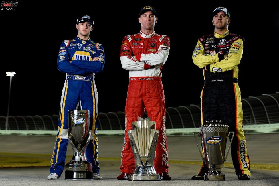 Die NASCAR-Champions 2014: Kevin Harvick (Sprint-Cup), Chase Elliott (Nationwide) und Matt Crafton (Trucks)