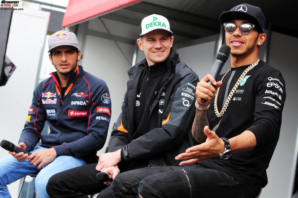 Carlos Sainz jun. (Toro Rosso), Nico Hülkenberg (Force India) und Lewis Hamilton (Mercedes) 