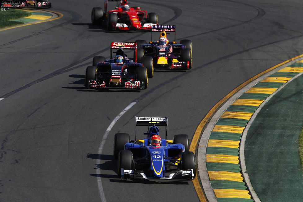 Felipe Nasr (Sauber), Carlos Sainz jun. (Toro Rosso), Daniel Ricciardo (Red Bull), Kimi Räikkönen (Ferrari) und Max Verstappen (Toro Rosso) 