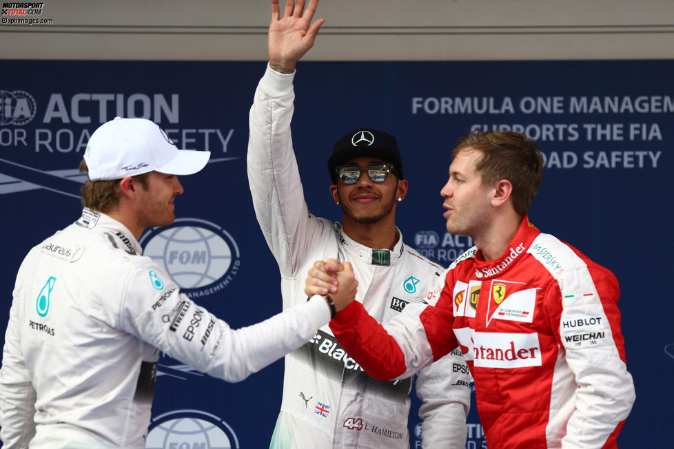 Lewis Hamilton (Mercedes) wieder auf der Pole-Position, Nico Rosberg (Mercedes) und Sebastian Vettel (Ferrari) dahinter