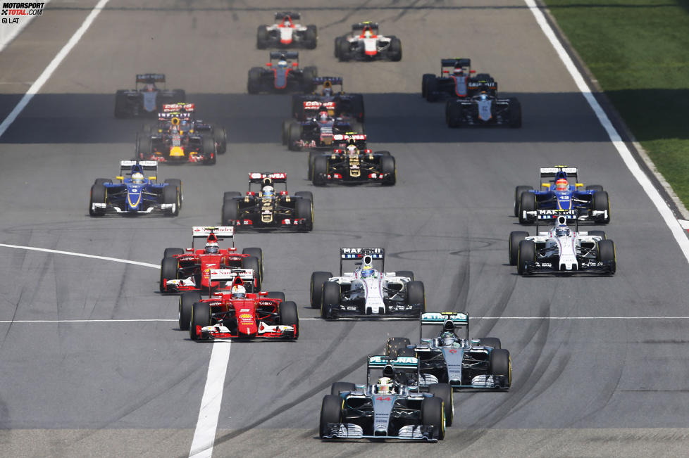 Lewis Hamilton (Mercedes), Nico Rosberg (Mercedes), Sebastian Vettel (Ferrari) und Felipe Massa (Williams) 