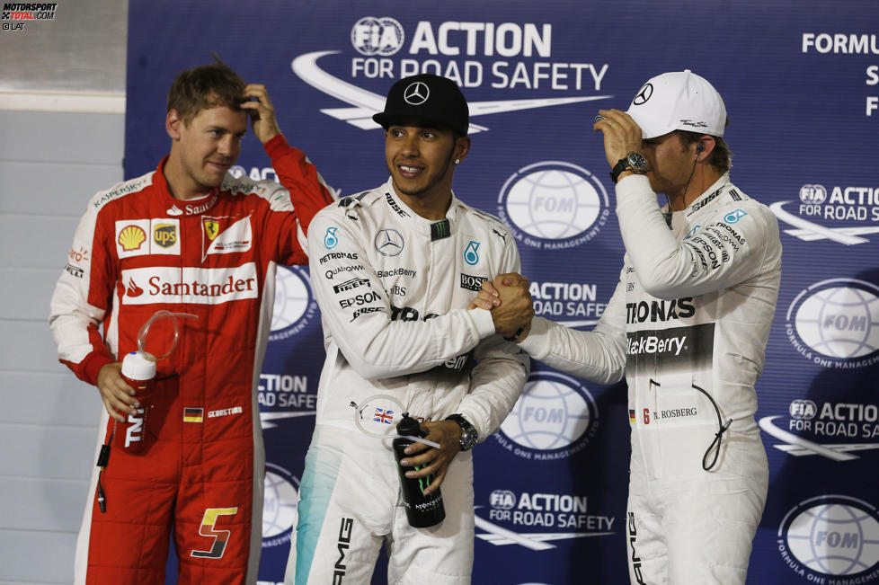 Lewis Hamilton (Mercedes), Sebastian Vettel (Ferrari) und Nico Rosberg (Mercedes) 