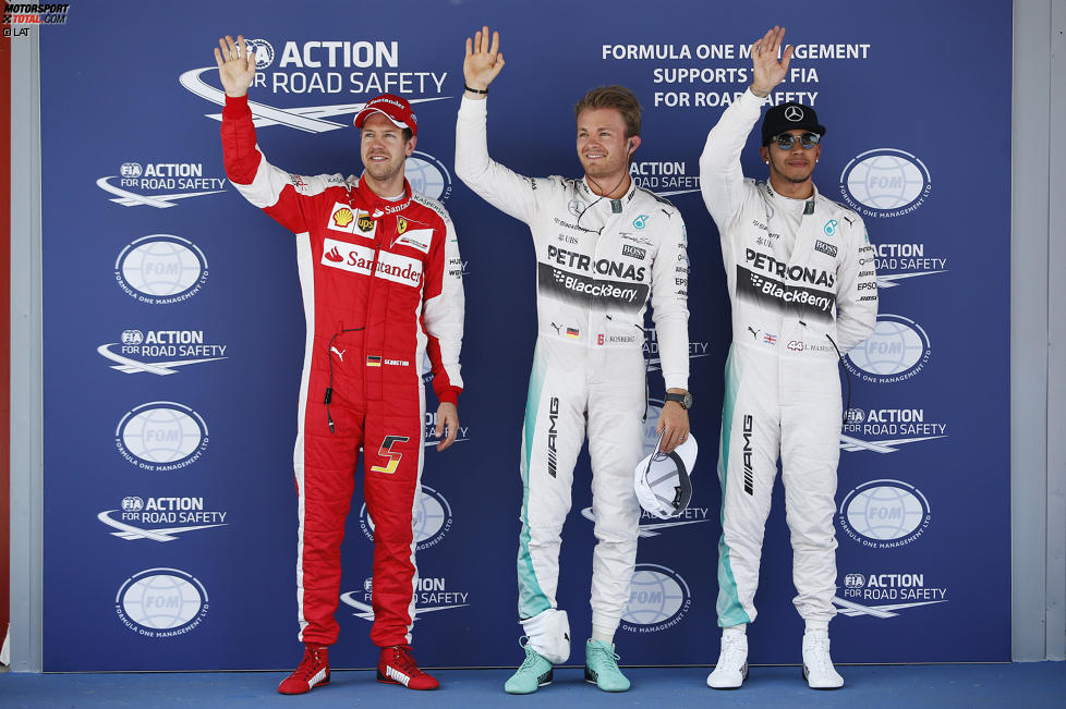 Nico Rosberg (Mercedes) steht erstmals 2015 auf der Pole-Position, dahinter Lewis Hamilton (Mercedes) und Sebastian Vettel (Ferrari) 