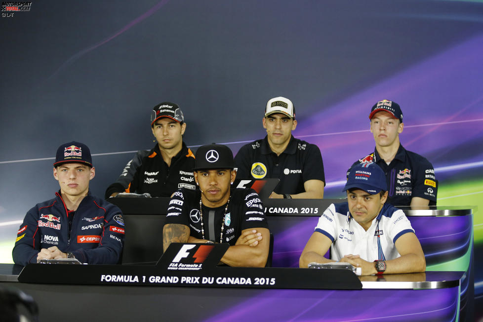 FIA-Pressekonferenz mit Sergio Perez (Force India), Pastor Maldonado (Lotus), Daniil Kwjat (Red Bull), Felipe Massa (Williams), Lewis Hamilton (Mercedes) und Max Verstappen (Toro Rosso) 