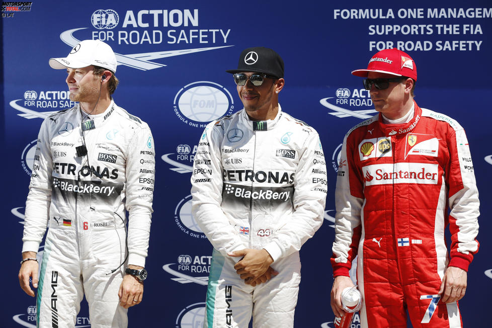 Lewis Hamilton (Mercedes) steht wieder auf der Pole-Position, Nico Rosberg (Mercedes) und Kimi Räikkönen (Ferrari) dahinter