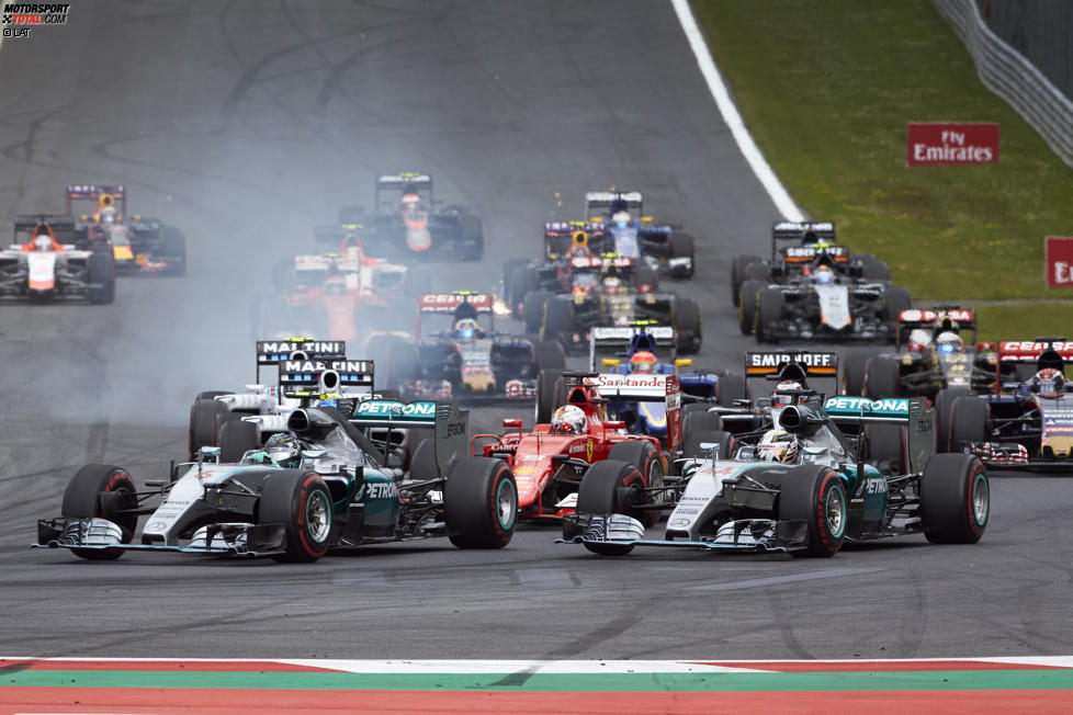 Nico Rosberg (Mercedes), Lewis Hamilton (Mercedes), Sebastian Vettel (Ferrari), Felipe Massa (Williams), Nico Hülkenberg (Force India) und Valtteri Bottas (Williams) 