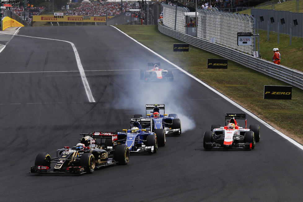 Romain Grosjean (Lotus), Marcus Ericsson (Sauber), Roberto Merhi (Manor-Marussia) und Felipe Nasr (Sauber) 