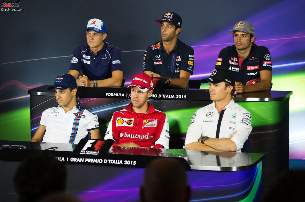 Marcus Ericsson (Sauber), Daniel Ricciardo (Red Bull), Carlos Sainz (Toro Rosso), Felipe Massa (Williams), Sebastian Vettel (Ferrari) und Nico Rosberg (Mercedes) 