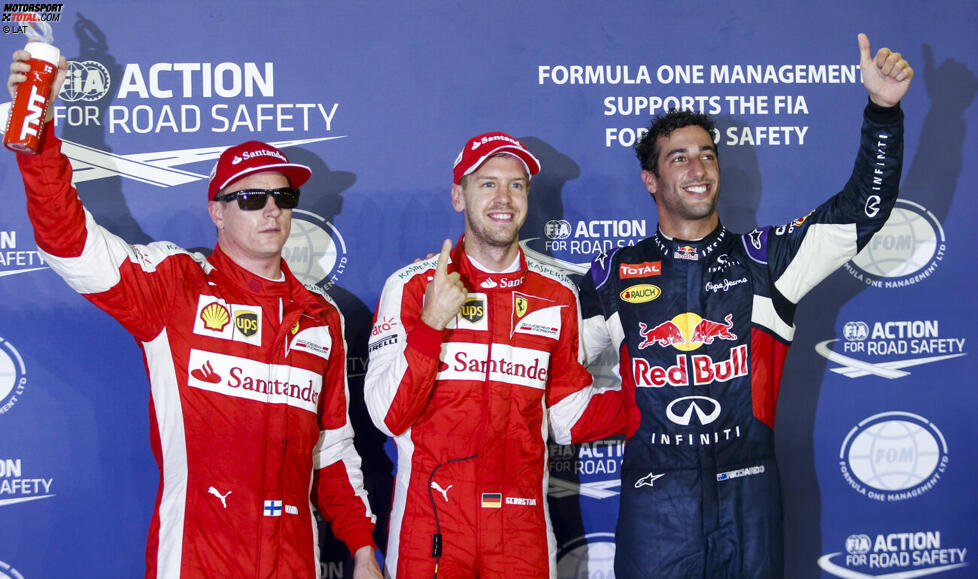 Kimi Räikkönen (Ferrari), Sebastian Vettel (Ferrari) und Daniel Ricciardo (Red Bull) 