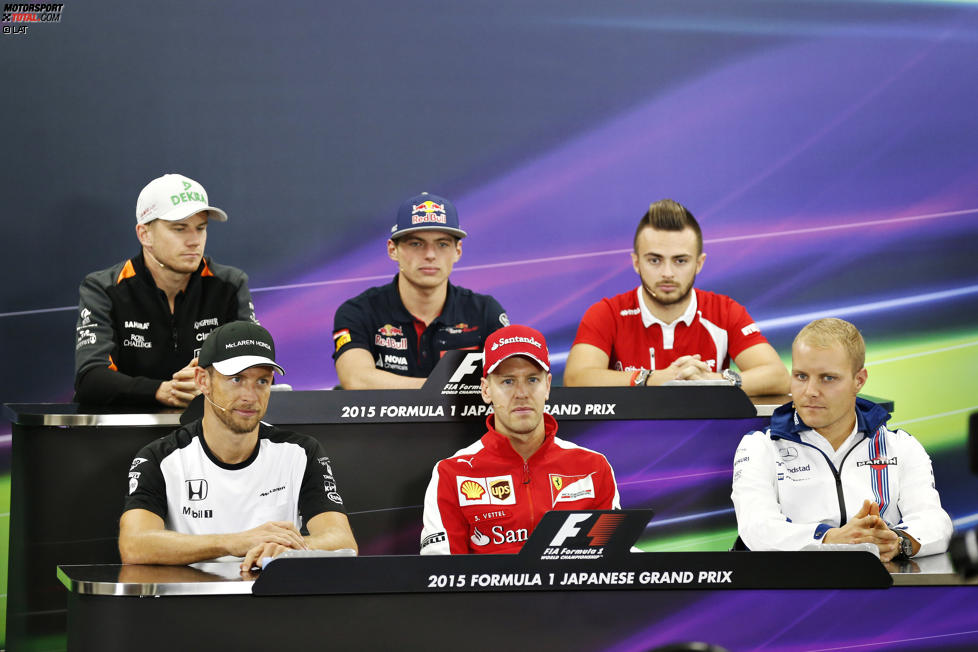 Nico Hülkenberg (Force India), Max Verstappen (Toro Rosso), Will Stevens (Manor-Marussia), Valtteri Bottas (Williams), Sebastian Vettel (Ferrari) und Jenson Button (McLaren) 