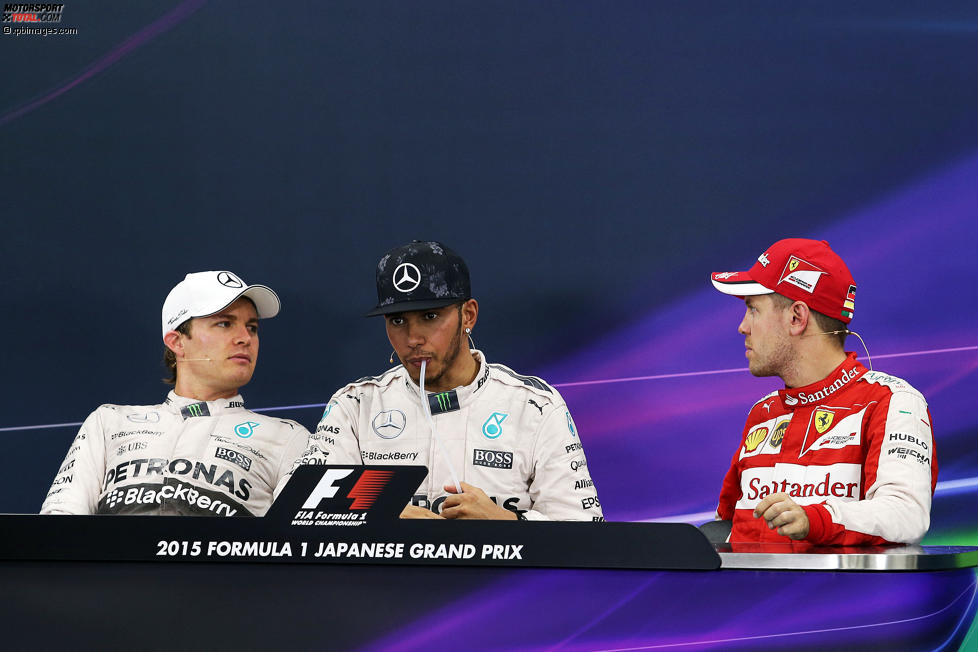 Nico Rosberg (Mercedes), Lewis Hamilton (Mercedes) und Sebastian Vettel (Ferrari) 