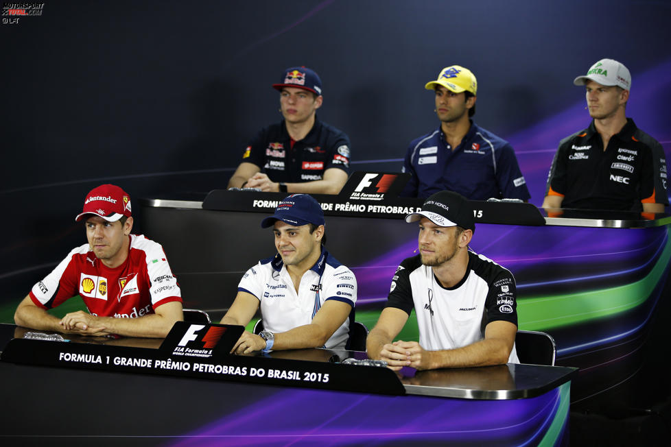 FIA-PK mit Max Verstappen (Toro Rosso), Felipe Nasr (Sauber), Nico Hülkenberg (Force India), Jenson Button (McLaren), Felipe Massa (Williams) und Sebastian Vettel (Ferrari) 