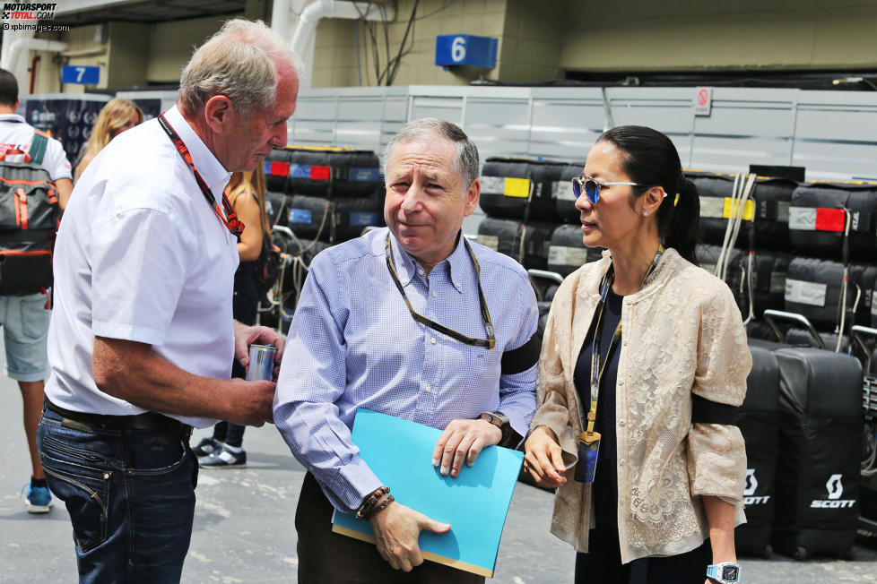 Helmut Marko (Red Bull), FIA-Präsident Jean Todt und Michelle Yeoh