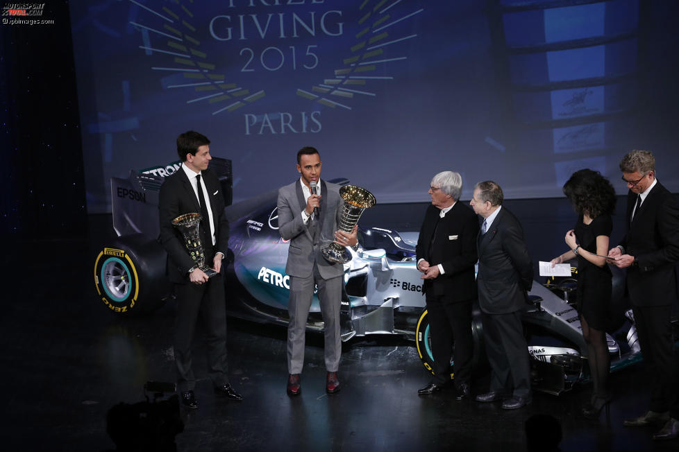 Lewis Hamilton (Mercedes), Toto Wolff, Jean Todt und Bernie Ecclestone 