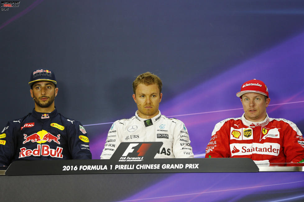 Daniel Ricciardo (Red Bull), Nico Rosberg (Mercedes) und Kimi Räikkönen (Ferrari) 