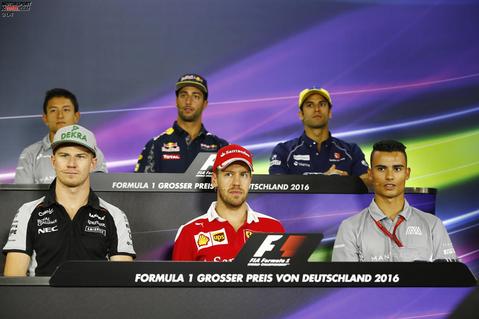 Rio Haryanto (Manor), Daniel Ricciardo (Red Bull), Felipe Nasr (Sauber), Nico Hülkenberg (Force India), Sebastian Vettel (Ferrari) und Pascal Wehrlein (Manor) 