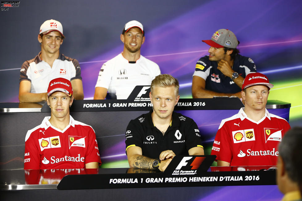 Esteban Gutierrez (Haas), Jenson Button (McLaren), Carlos Sainz (Toro Rosso), Sebastian Vettel (Ferrari), Kevin Magnussen (Renault) und Kimi Räikkönen (Ferrari) 