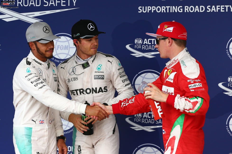 Lewis Hamilton (Mercedes), Nico Rosberg (Mercedes) und Kimi Räikkönen (Ferrari) 