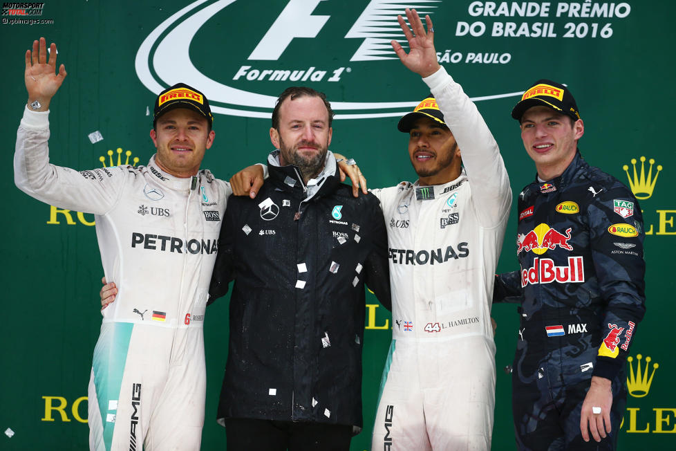Lewis Hamilton (Mercedes), Nico Rosberg (Mercedes) und Max Verstappen (Red Bull) 