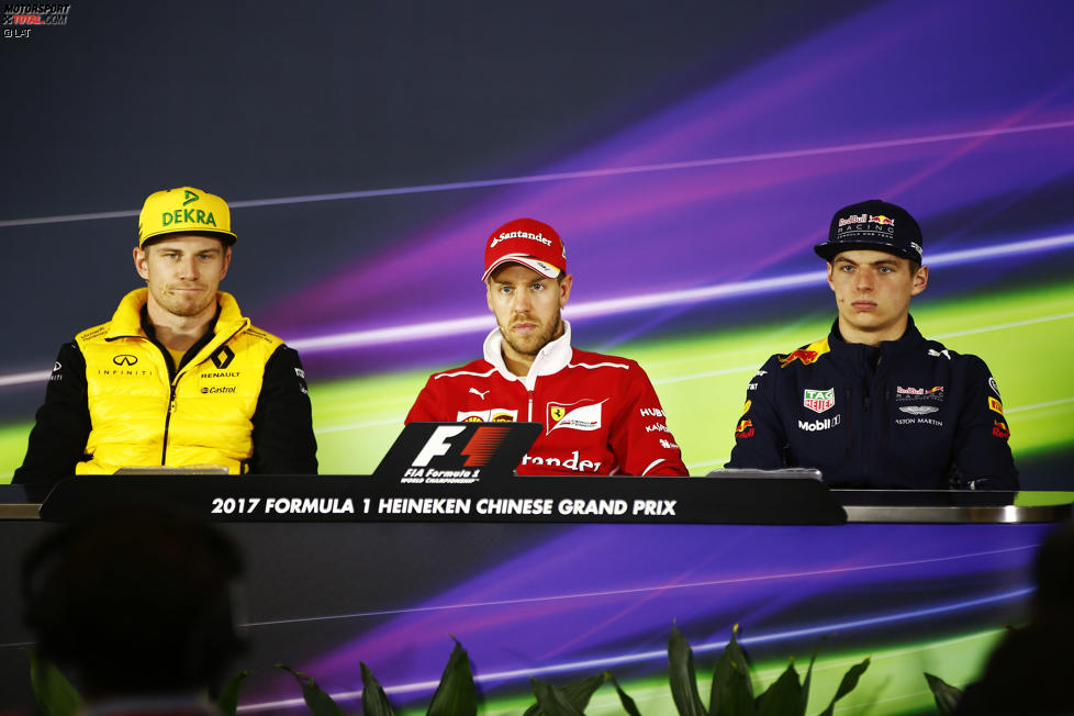 Nico Hülkenberg (Renault), Sebastian Vettel (Ferrari) und Max Verstappen (Red Bull) 