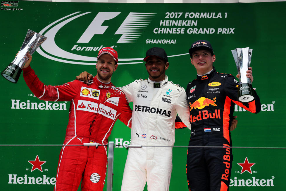 Sebastian Vettel (Ferrari), Lewis Hamilton (Mercedes) und Max Verstappen (Red Bull) 