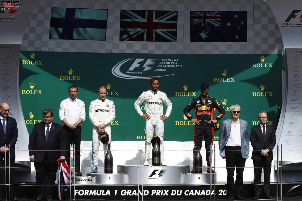 Lewis Hamilton (Mercedes), Valtteri Bottas (Mercedes) und Daniel Ricciardo (Red Bull) 
