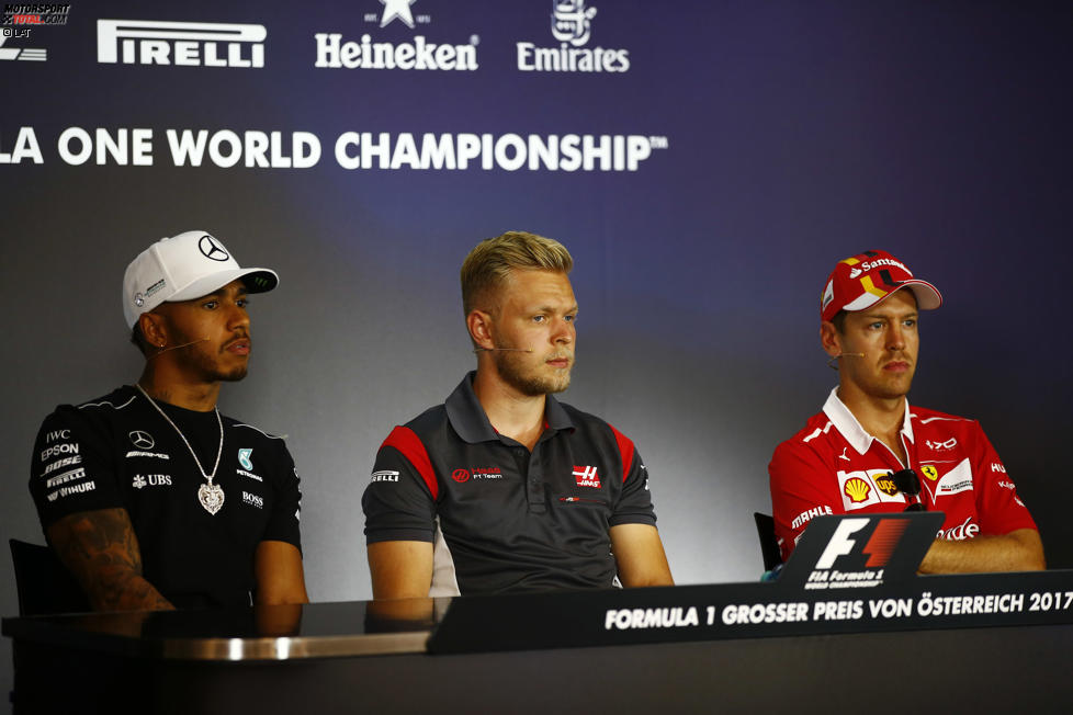 Lewis Hamilton (Mercedes), Romain Grosjean (Haas) und Sebastian Vettel (Ferrari) 