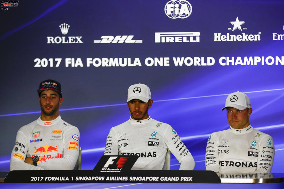 Lewis Hamilton (Mercedes), Daniel Ricciardo (Red Bull) und Valtteri Bottas (Mercedes) 