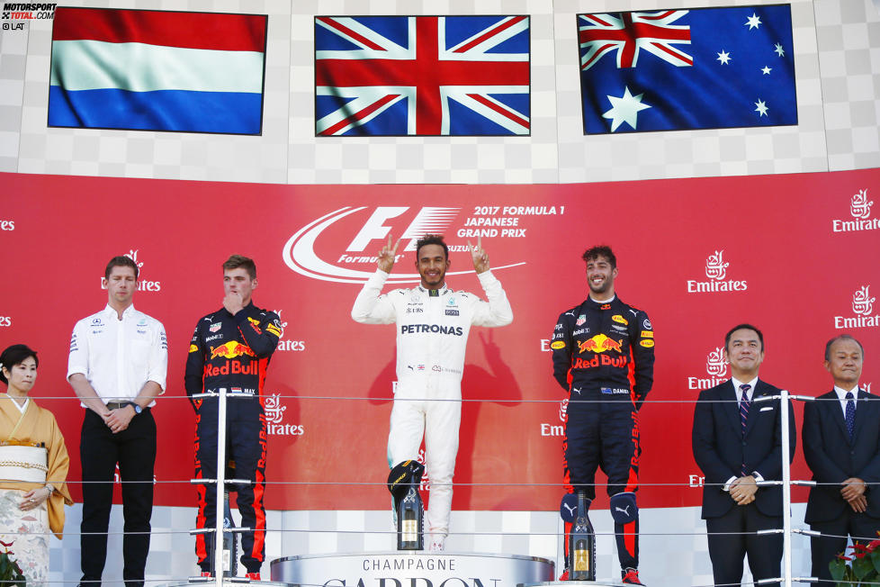 Lewis Hamilton (Mercedes), Max Verstappen (Red Bull) und Daniel Ricciardo (Red Bull) 