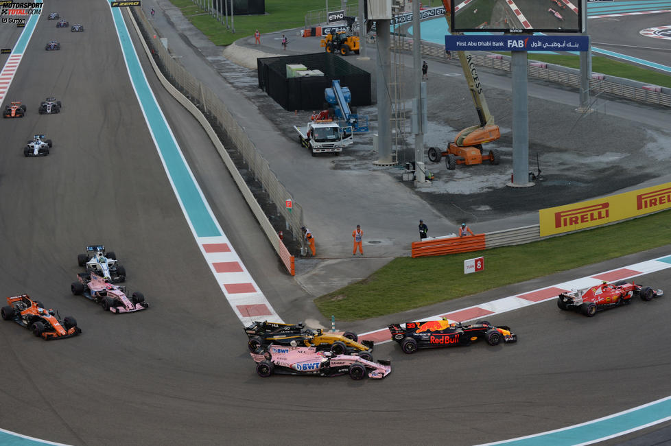 Max Verstappen (Red Bull), Sergio Perez (Force India) und Nico Hülkenberg (Renault) 