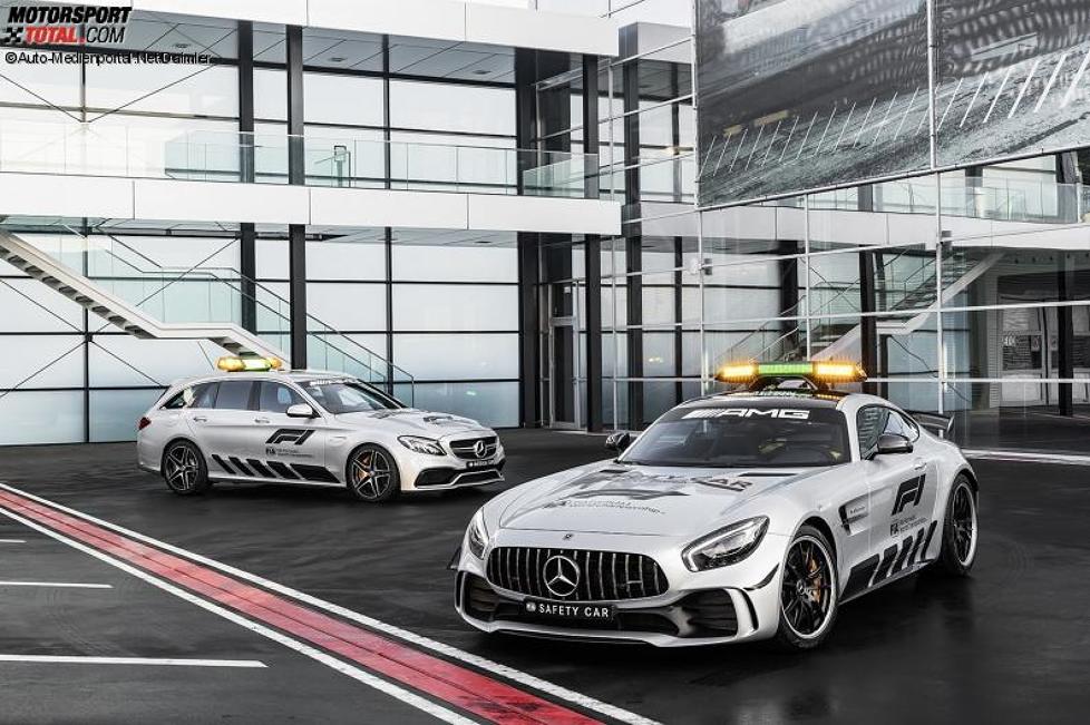 Mercedes-AMG GT R, das neue Safety Car der Formel-1-Saison 2018 und im Hintergrund das Mercedes-AMG C 63 S T-Modell 2018, das Medical Car der Formel 1 2018
