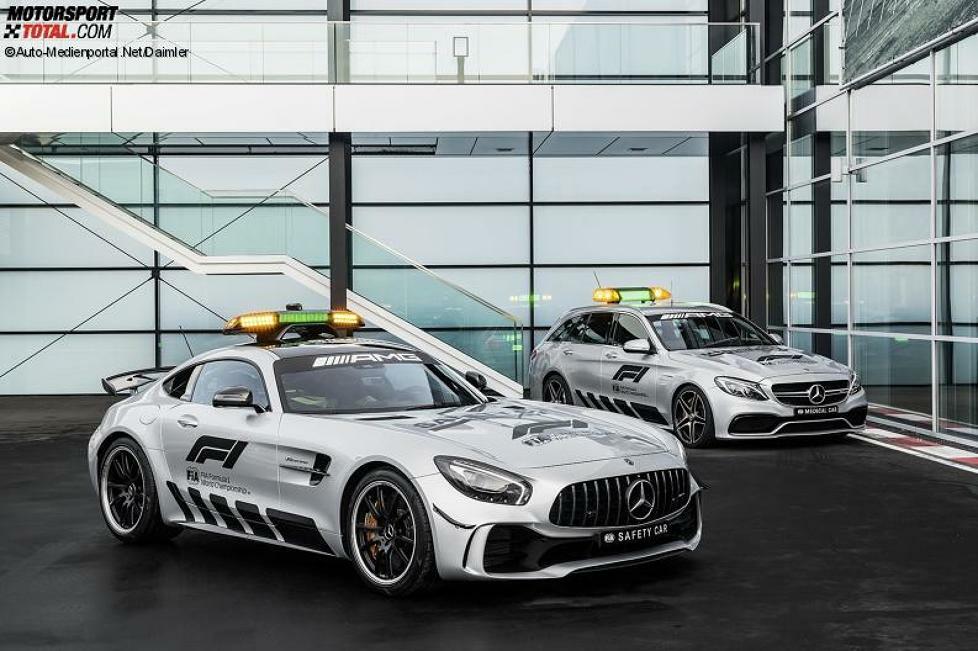 Mercedes-AMG GT R, das neue Safety Car der Formel-1-Saison 2018 und im Hintergrund das Mercedes-AMG C 63 S T-Modell 2018, das Medical Car der Formel 1 2018
