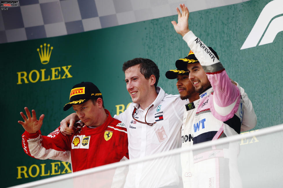 Kimi Räikkönen (Ferrari), Lewis Hamilton (Mercedes) und Sergio Perez (Force India) 