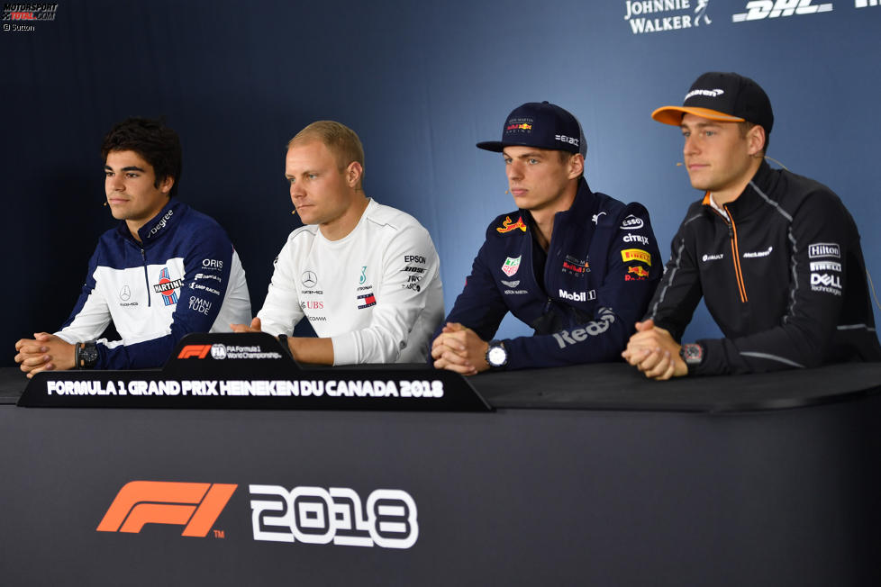 Lance Stroll (Williams), Valtteri Bottas (Mercedes), Max Verstappen (Red Bull) und Stoffel Vandoorne (McLaren) 