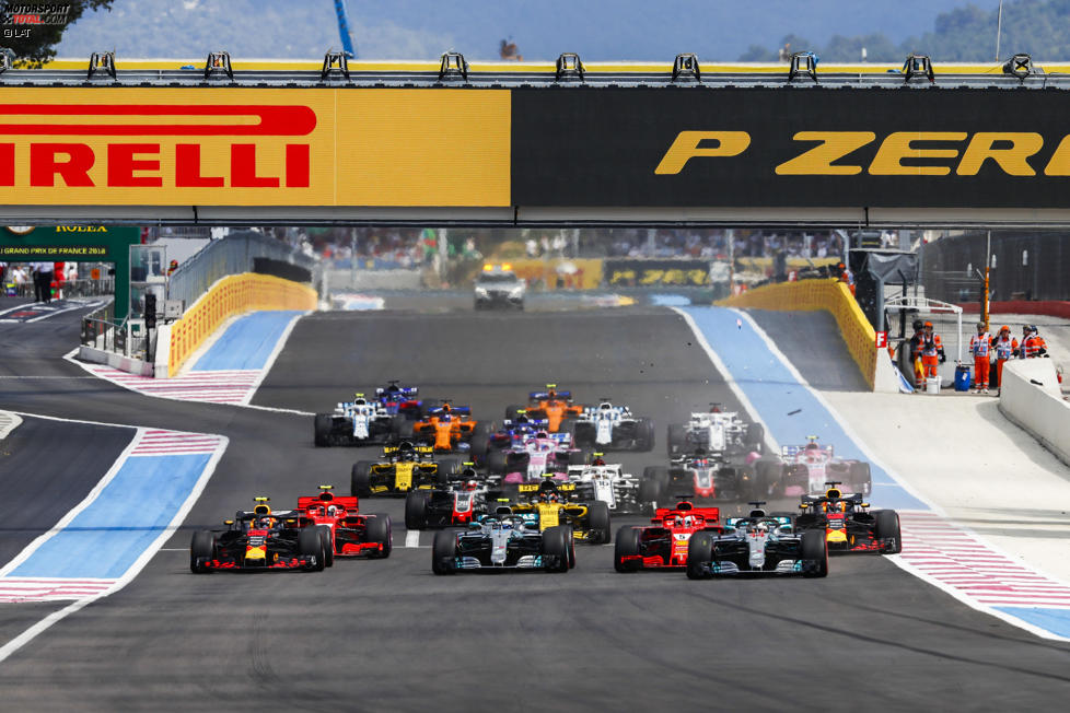 Lewis Hamilton (Mercedes), Valtteri Bottas (Mercedes), Sebastian Vettel (Ferrari), Max Verstappen (Red Bull), Kimi Räikkönen (Ferrari), Daniel Ricciardo (Red Bull) und Carlos Sainz (Renault) 