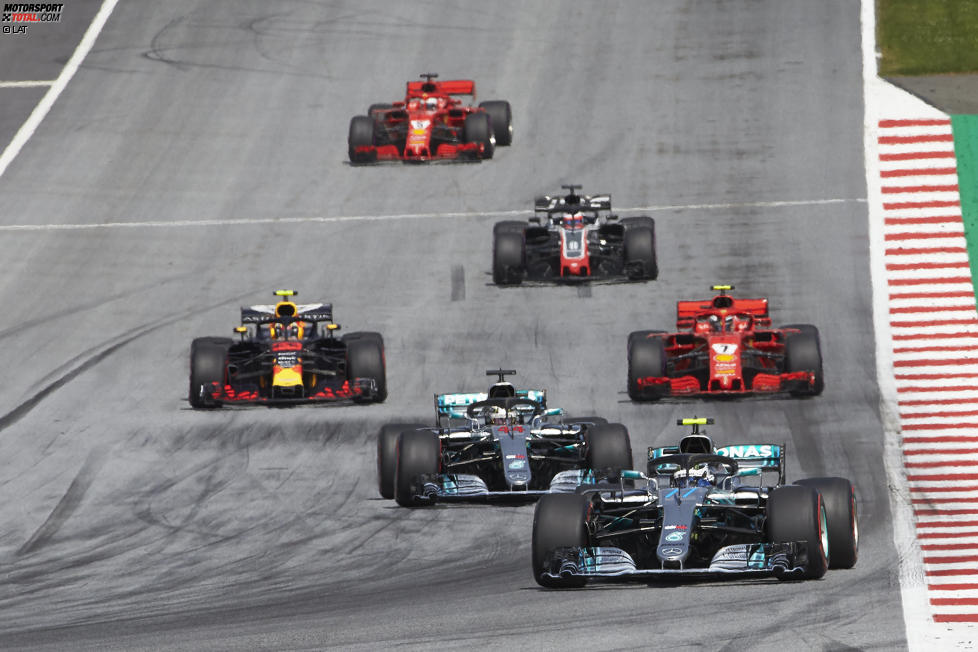 Valtteri Bottas (Mercedes), Lewis Hamilton (Mercedes), Max Verstappen (Red Bull), Kimi Räikkönen (Ferrari), Romain Grosjean (Haas) und Sebastian Vettel (Ferrari) 