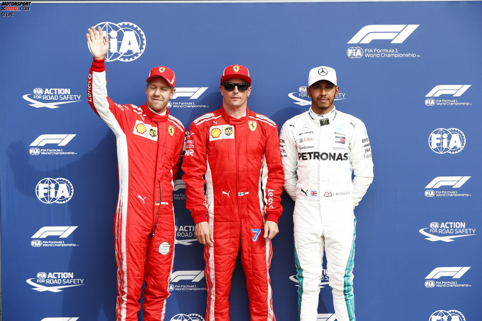 Kimi Räikkönen (Ferrari), Sebastian Vettel (Ferrari) und Lewis Hamilton (Mercedes) 