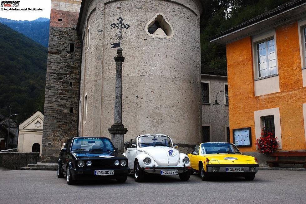 ADAC Europa Classic 2018: VW Golf I Cabriolet (1992), VW Käfer 1303 LS Cabriolet (1979) und Porsche 914/6 (1970) aus der Autostadt