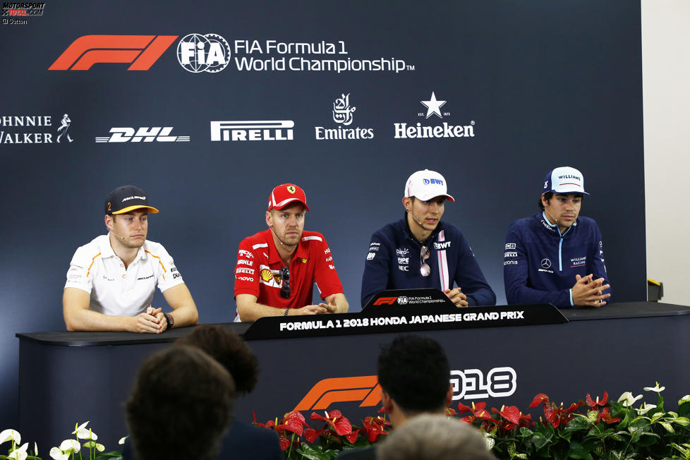 Stoffel Vandoorne (McLaren), Sebastian Vettel (Ferrari), Esteban Ocon (Racing Point) und Lance Stroll (Williams) 