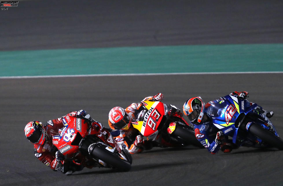 Andrea Dovizioso (Ducati), Marc Marquez (Honda) und Alex Rins (Suzuki) 