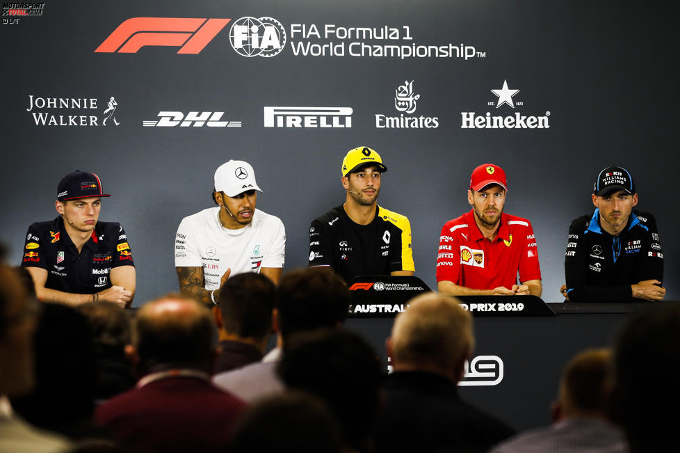 Max Verstappen (Red Bull), Lewis Hamilton (Mercedes), Daniel Ricciardo (Renault), Sebastian Vettel (Ferrari) und Robert Kubica (Williams) 