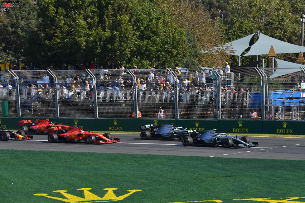Valtteri Bottas (Mercedes), Lewis Hamilton (Mercedes), Sebastian Vettel (Ferrari), Charles Leclerc (Ferrari) und Max Verstappen (Red Bull) 