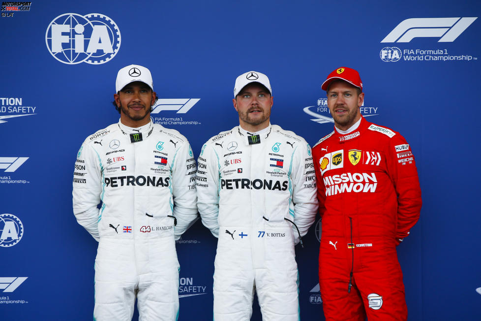 Lewis Hamilton (Mercedes), Valtteri Bottas (Mercedes) und Sebastian Vettel (Ferrari) 