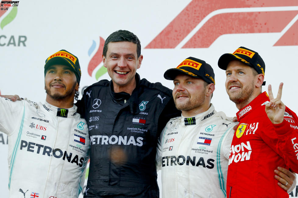 Lewis Hamilton (Mercedes), Valtteri Bottas (Mercedes) und Sebastian Vettel (Ferrari) 