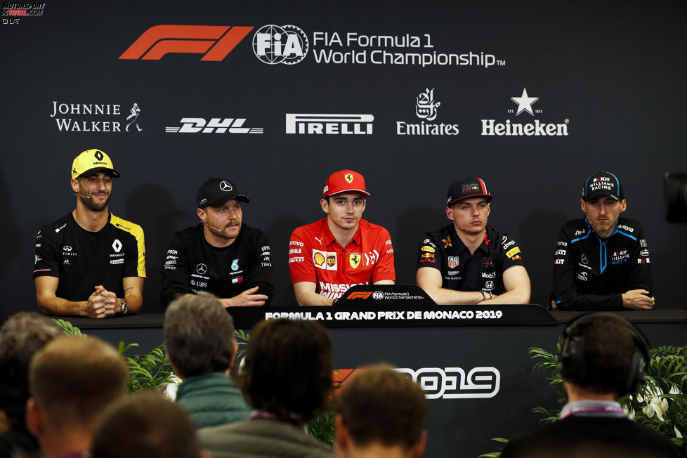 Daniel Ricciardo (Renault), Valtteri Bottas (Mercedes), Charles Leclerc (Ferrari), Max Verstappen (Red Bull) und Robert Kubica (Williams) 